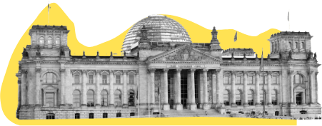 Schwarz-weiß Bild des Bundestages auf gelben Hintergrund.